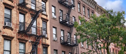 Fire escapes on Manhattan apartment buildings