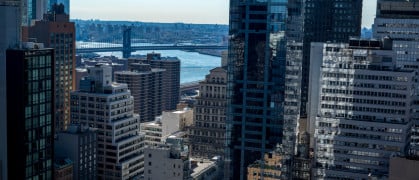 Views of the East River and the Manhattan Bridge from lower Manhattan, NYC.